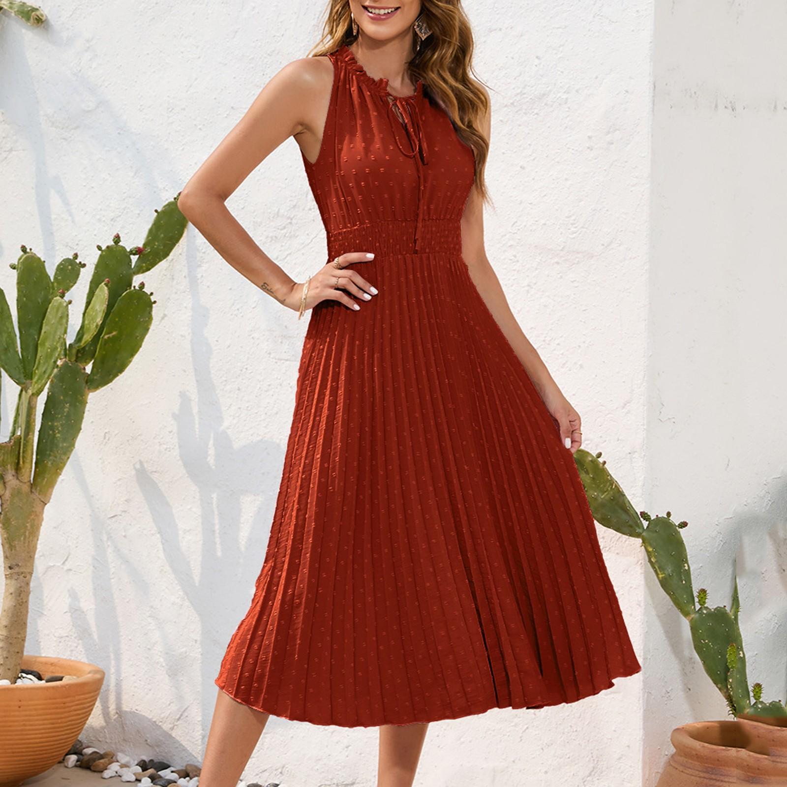 

Women s Color Sleeveless Leisure Vacation Travel Lace-up High Waist Pleated Hairball Dress M шафрановий
