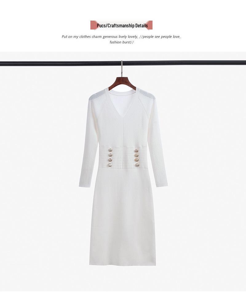 Elegant Slimming V-Neck Wool Knit Dress - French Retro Style