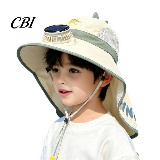 Dinosaur Fishing Hat for Kids Sun with Solar Fan, Wide Brim UV Protection Beach Babies Neck Flap, Summer Cap Boys Girls Camping