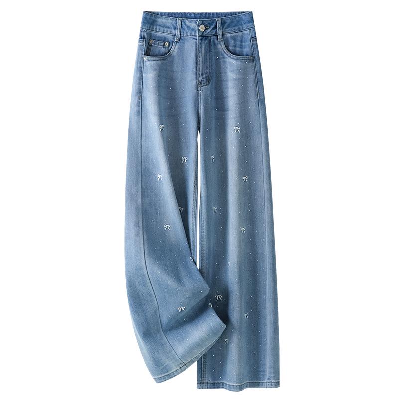 

Women s High Waist Blue Rhinestone Jeans - Summer 2025 Collection, Straight to Wide Leg Draping Pants M