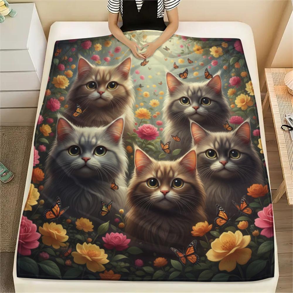 1PC Cat Print Flannel Blanket, High quality Comfortable for All Seasons, Home Decor, Warmth and Comfort
