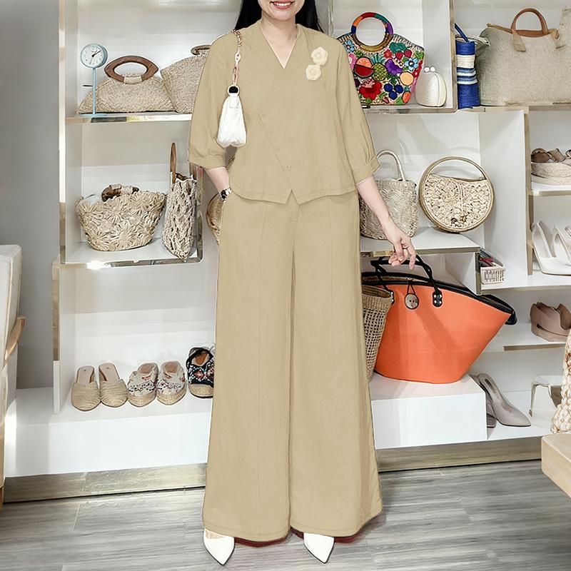 ZANZEA Women 3/4 Sleeve Blouse and Pants Casual Two Piece Suit Sets