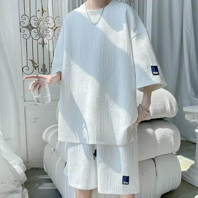 

Men s Textured Letter Print Two-Piece Set Oversized Short Sleeve T-Shirt Shorts Casual Streetwear XXXL