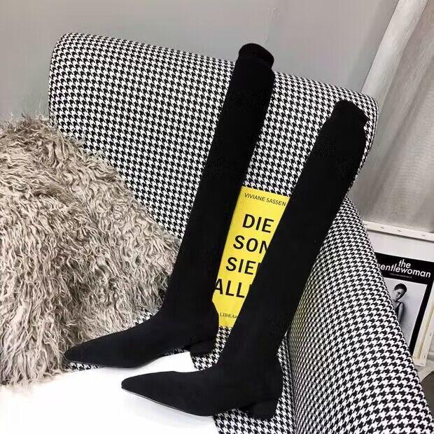 

Elastic socks boots women s new women s versatile long tube knitted knee thick heel pointed thin boots high boots women 40 чёрный