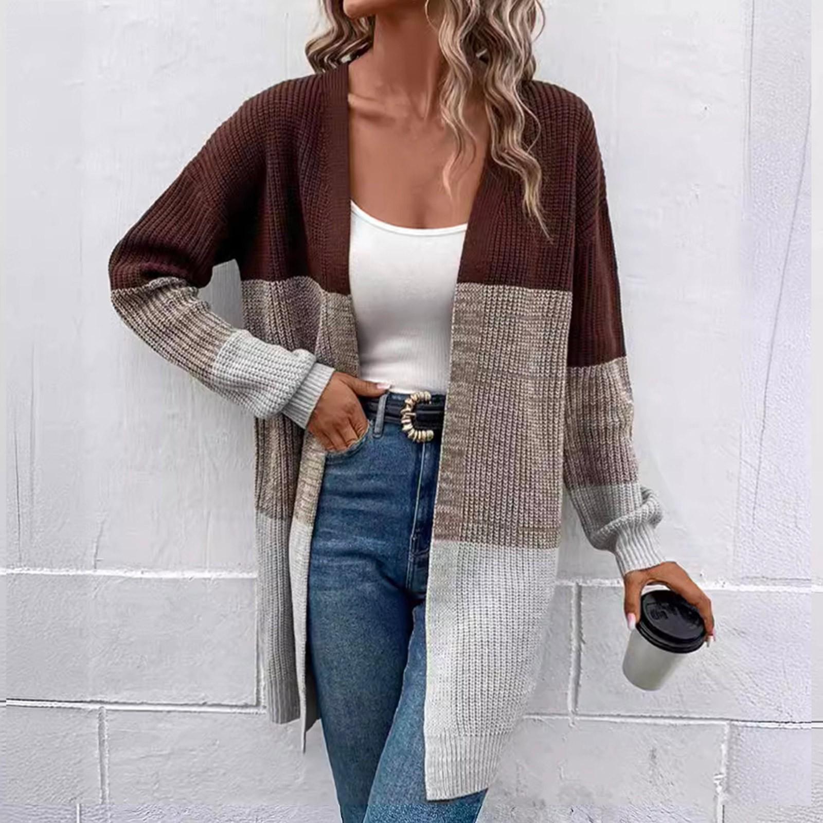 

Женская осенне-зимняя мода ретро повседневная с длинным рукавом цветная блокирующая трикотажная куртка-кардиган средней длины S винный