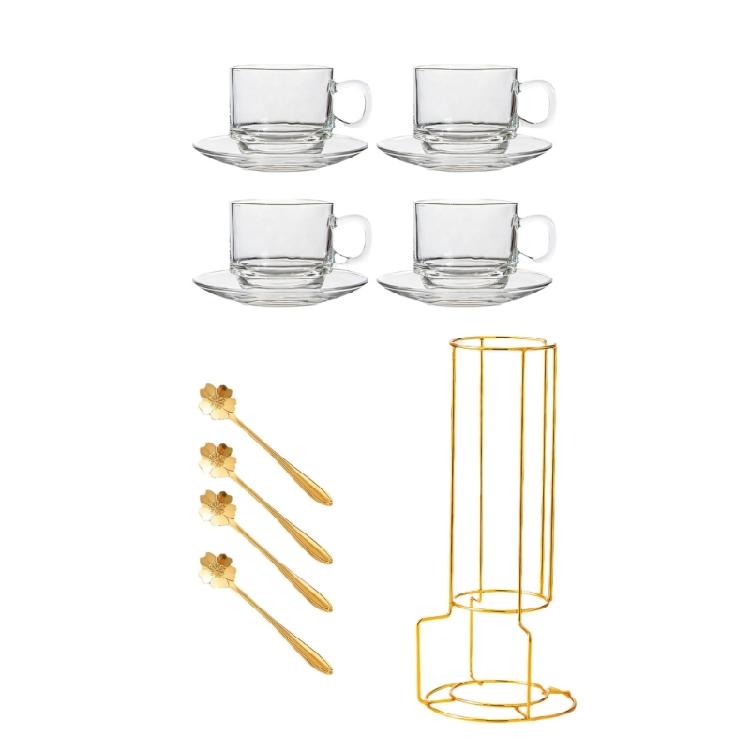 

Современная группа стеклянных кофейных чашек с блюдцами и эффективной подставкой для различных применений