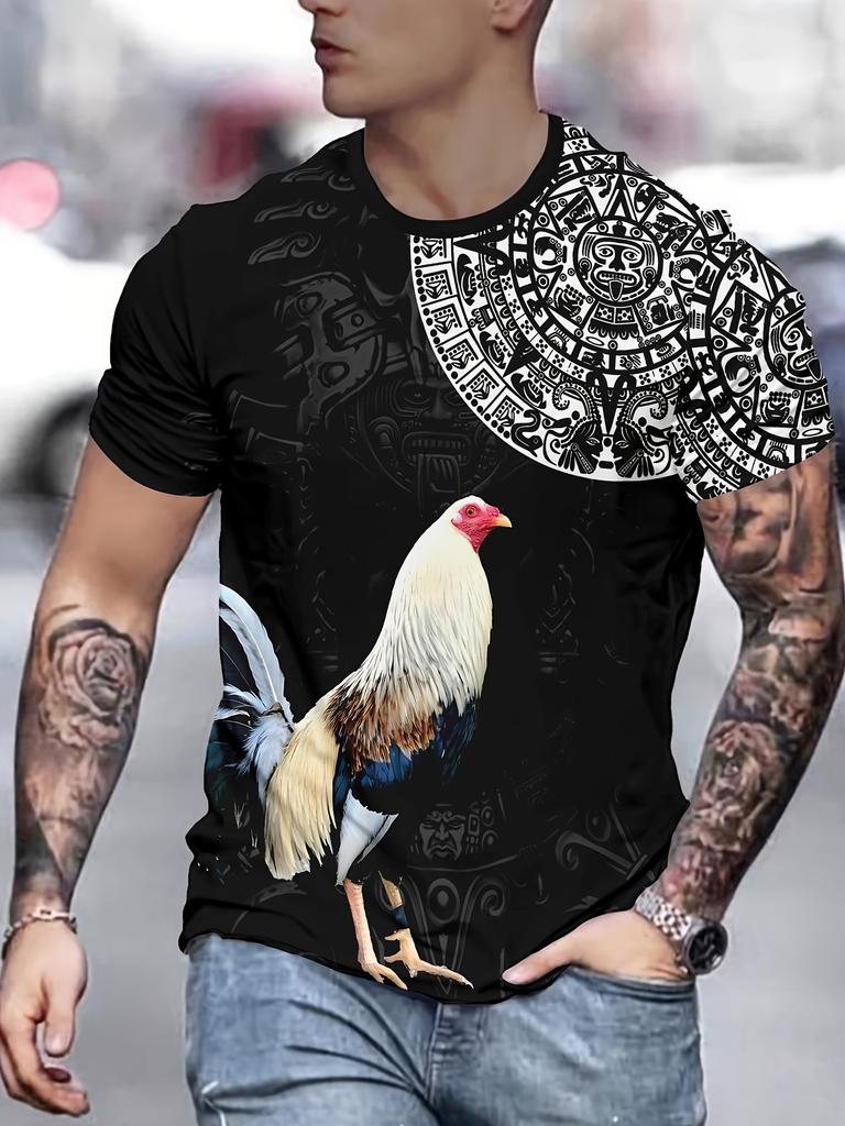 Men'S Vintage Hen 3D Print T-Shirt, 100% Polyester Crew Neck Short Sleeve, Regular Fit Knit Fabric, Slight Stretch, Summer Casual Street Style Top