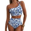 2026 Neues Damen High Waist Bikini-Set Ein Schulter Blumenmuster Badeanzug 2-teilig Bauch Badeanzug
