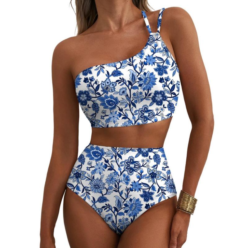 2026 Neues Damen High Waist Bikini-Set Ein Schulter Blumenmuster Badeanzug 2-teilig Bauch Badeanzug