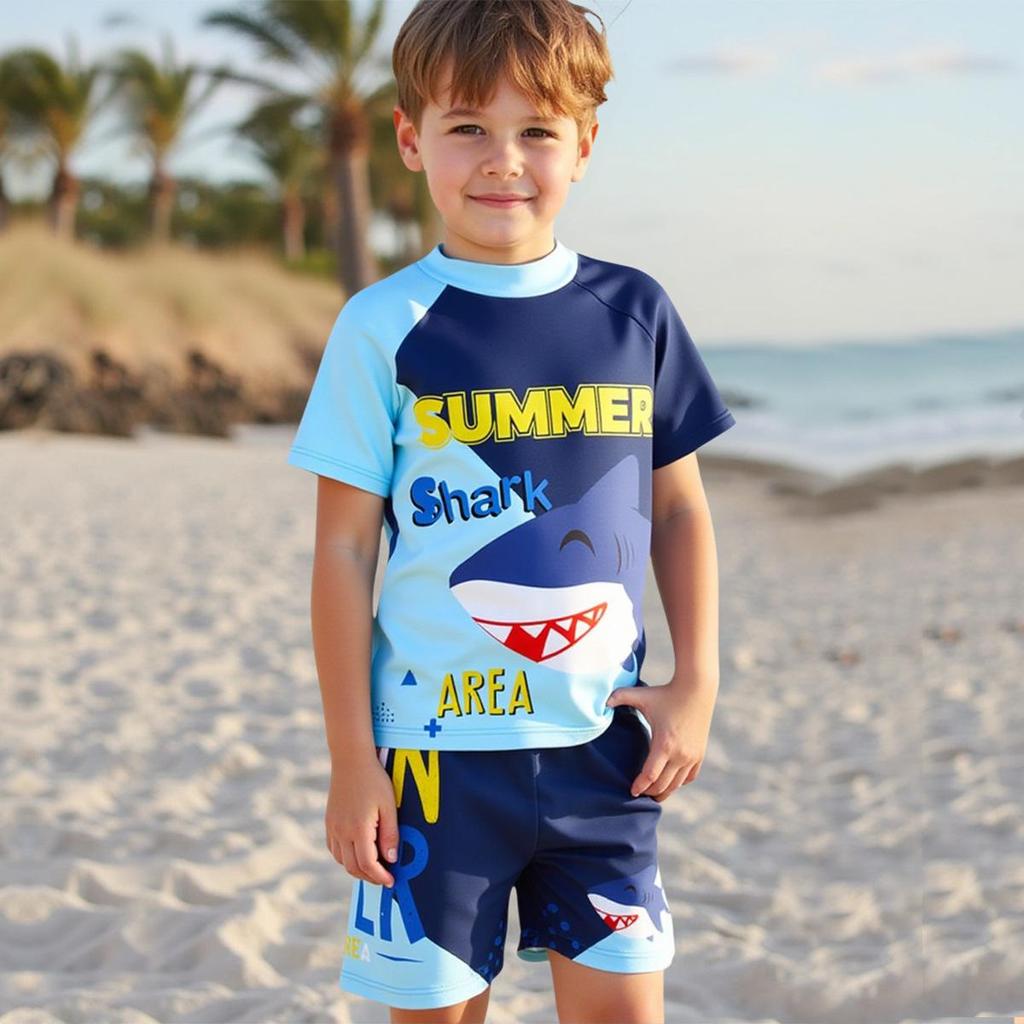 New Cute Shark Toddler Boys' Swimsuit Set with Quick-Dry Shorts, Short Sleeves, Sunscreen, and Swim Cap