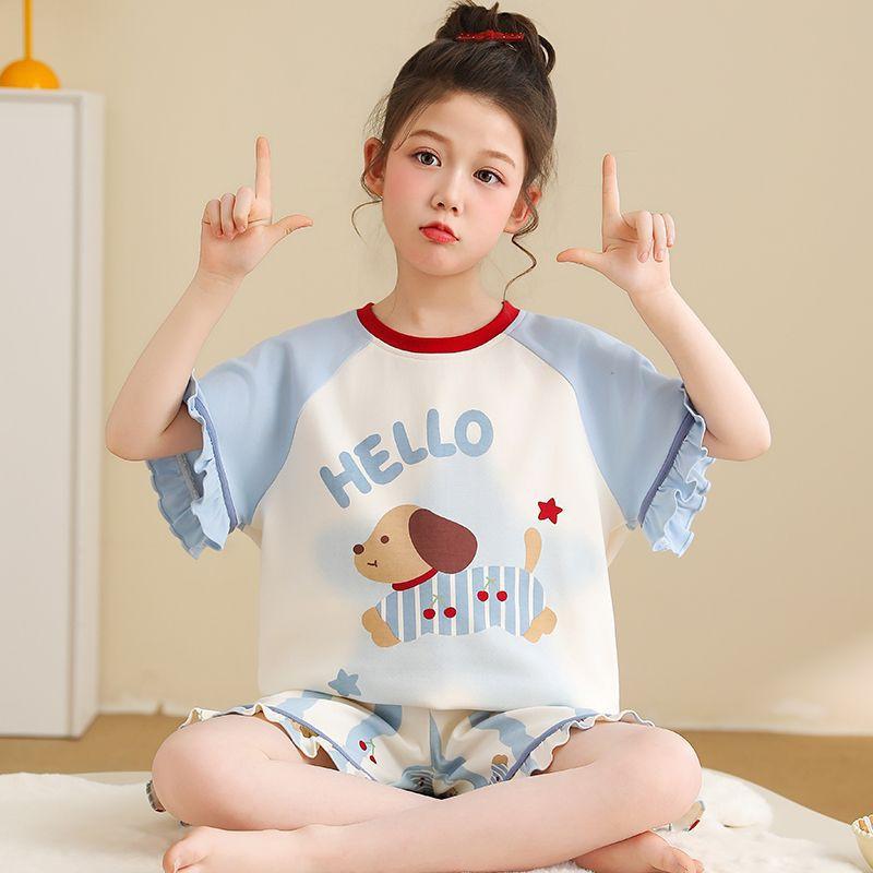 Girls Cotton Cartoon Pajama Set Short Sleeve Shorts Sleepwear Kids 8 Years