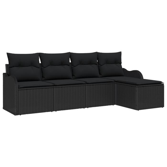 Ensemble de Canapé de Jardin de 5 Pièces avec Coussins Noir Poly Rotin, Canapé de Jardin de 2 Places avec Coussins Noir Poly 3345663