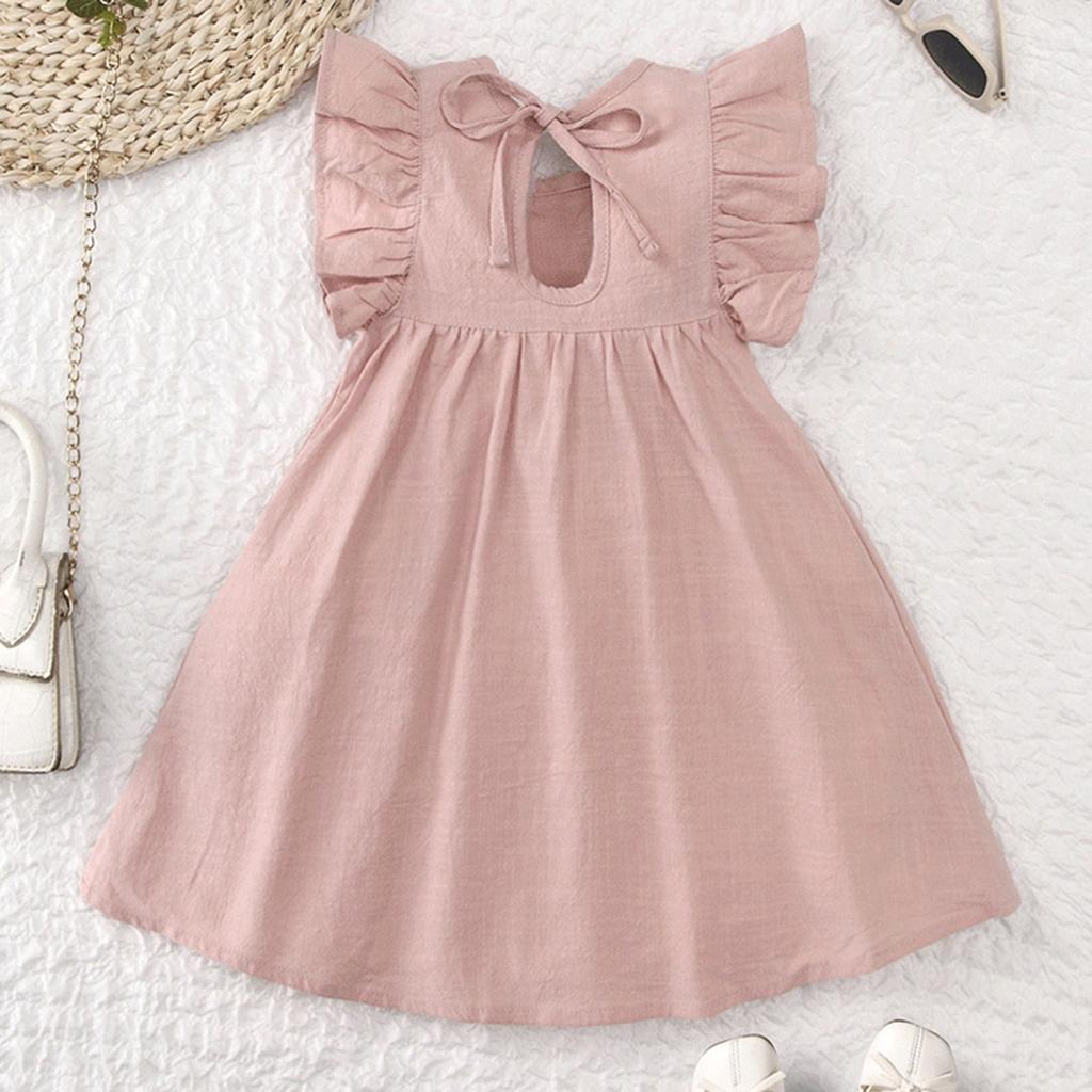 Summer Children's Dress Girls Fashion Princess Flying Sleeve Solid Color Cute Dress