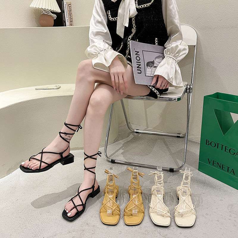 Summer 2025 New Versatile Cross-strap Open-toed Square-headed Fairy Wind Mid-heel Lace-up Roman Sandals
