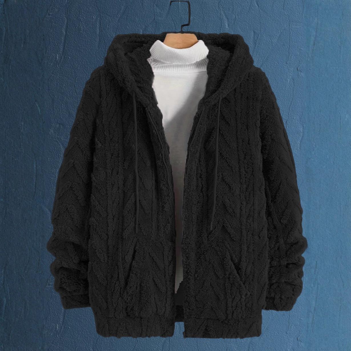 

Men s Autumn/Winter Fur Hooded Jacket - Plain Color Casual Top Large чорний
