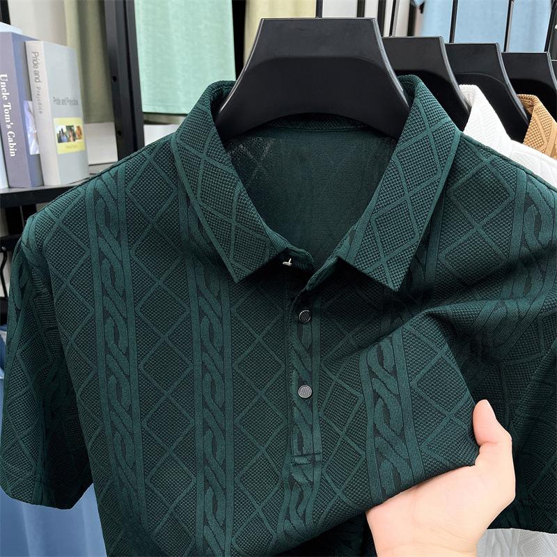 Men's Brown Cable Knit Jacquard Short Sleeve Polo Shirt