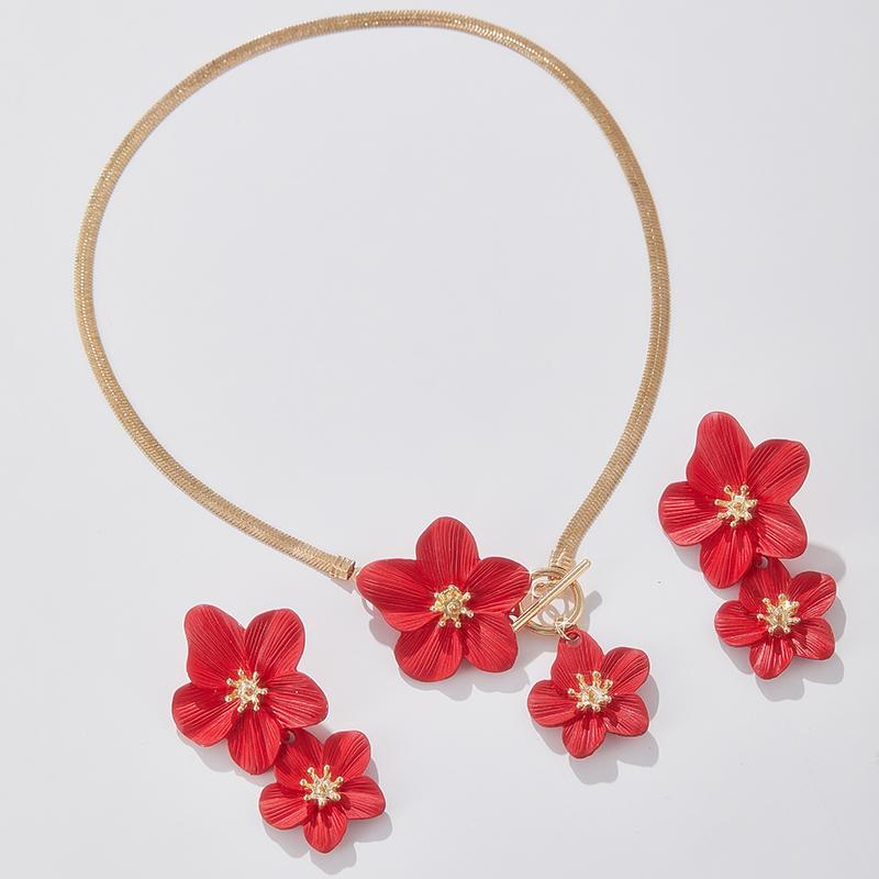 Romantic Double Layer Red Flower Pendant Necklace Earring Set Women Exaggerated Personality Girl Fashion Zircon Party Gift