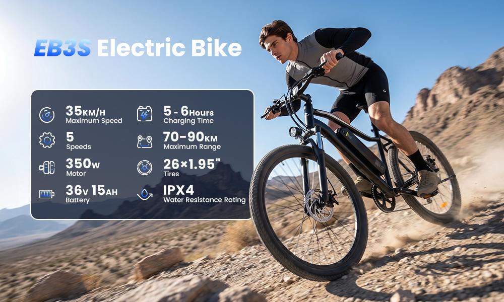 EB3S Electric Bike 250W 13.5Ah 26'' E-Bike Front Suspension Dual Disc Brakes Voltix APP 5-Speed 6-25KM/H Adult Electric Bicycle