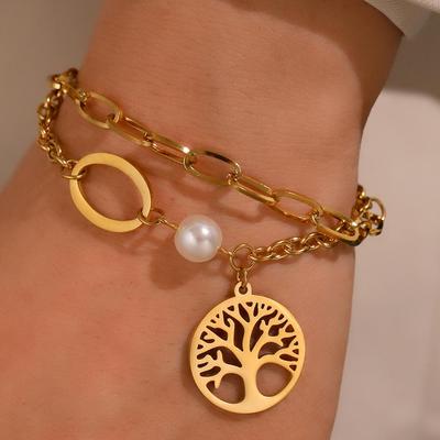 2024 Elegantes Edelstahl Lebensbaum Perlenarmband für Damen