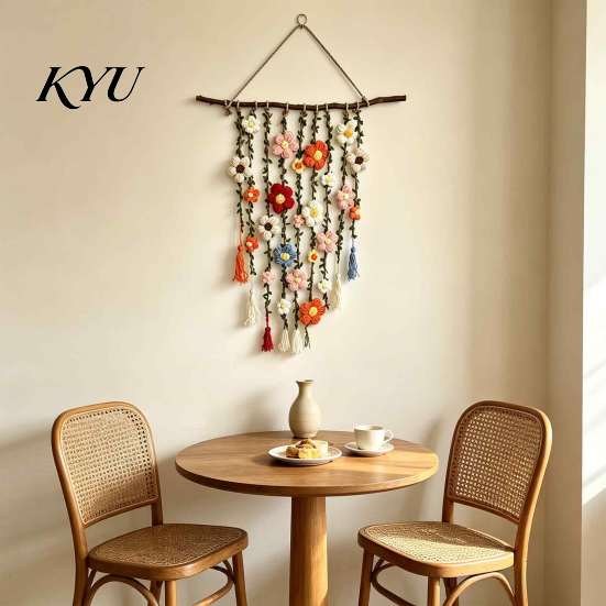 Handcrafted Fabric Wall Hanging Crochet Flower Garden Hanging, Colorful Knitted Tapestry, Handmade Boho Whimsical Tapestry Farmhouse Art for