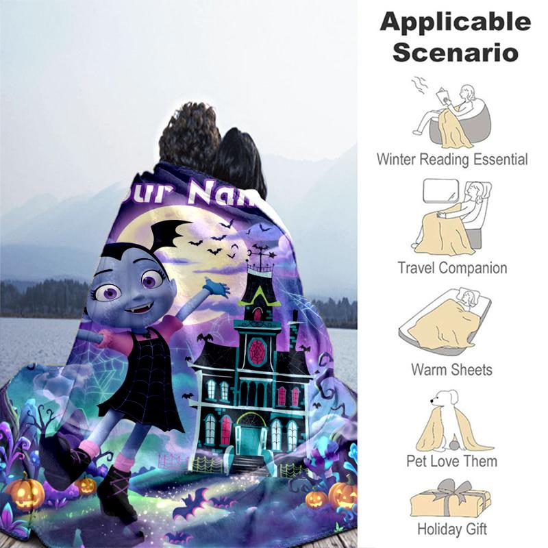 Custom Name Vampirina Blanket Flannel Blanket for Camping, Hiking, Garden Parties, Picnic Essentials,gift for family and friend