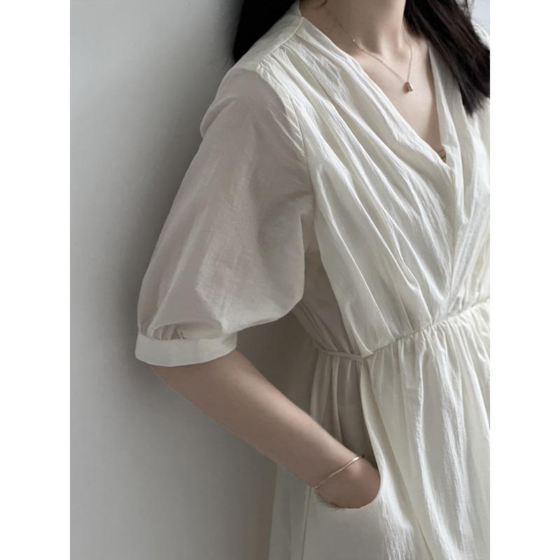Vintage V-neck Pleated Dress Summer Women's Temperament Tie Waist Mid-length Dress