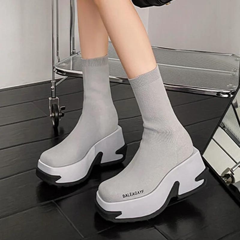 

Модные туфли на высокой платформе, эластичные ботильоны, модная женская обувь, бренд, тренд 2025, новые челси с квадратным носком, дышащие ботильоны для женщин 35 серый