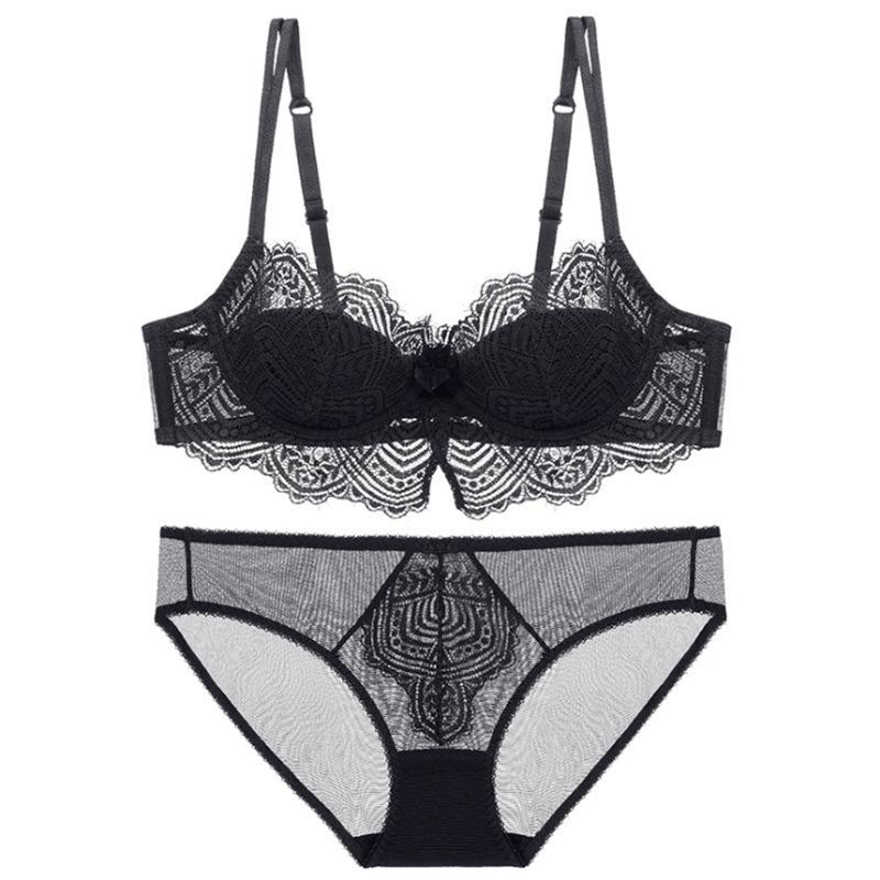 

Crystal cup lace underwear women s thin cotton sexy big breasts show small breasts gathering bra bra 95D чорний
