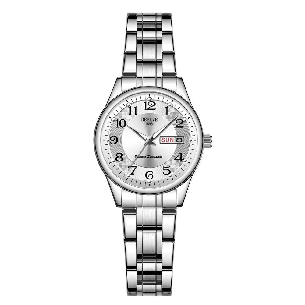 Montre à Quartz pour Femmes Ultra-Fine à Bracelet en Acier Double Calendrier Lumineuse Étanche Numérique Style Coréen