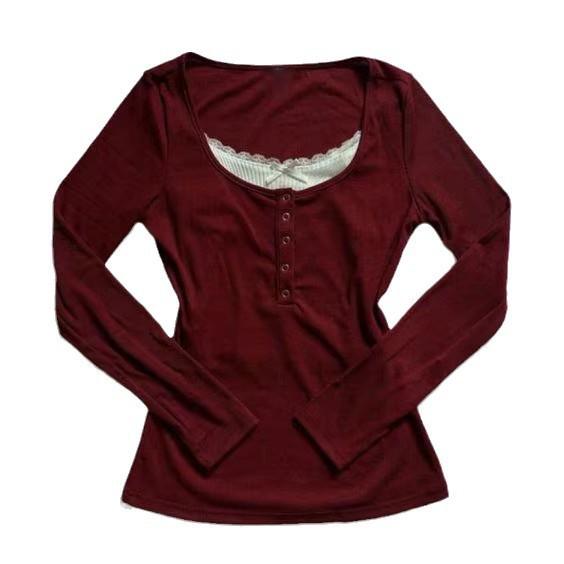 Niche Autumn Lace Slim Fit Round Neck Long Sleeve Sweater - Sweet Style