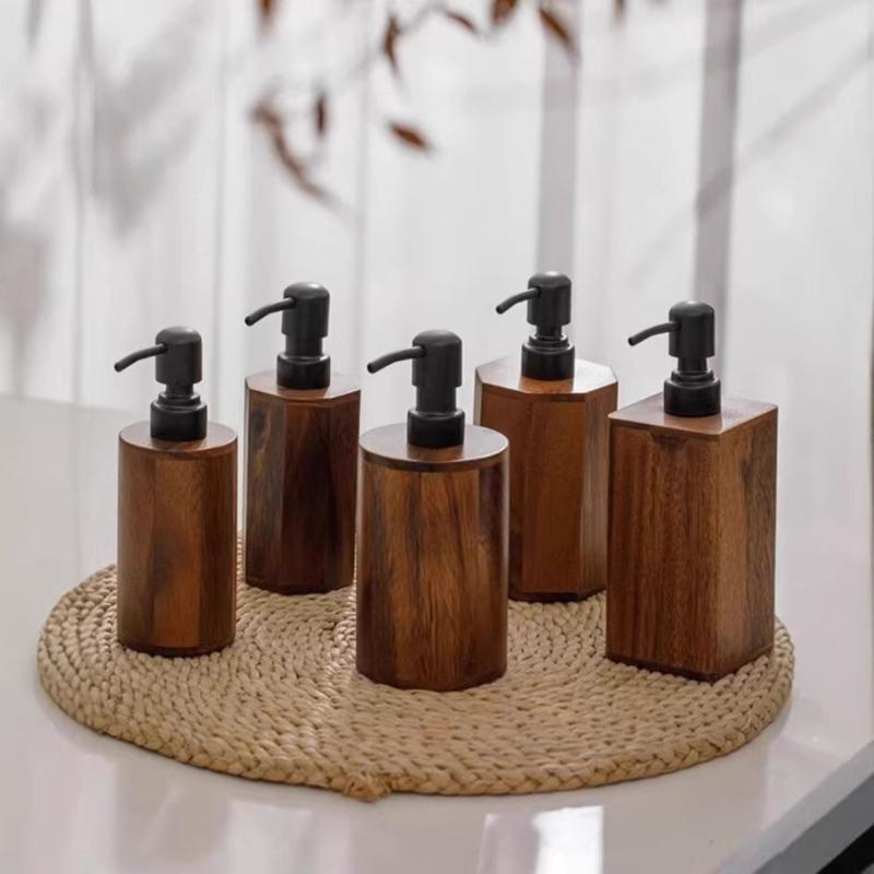 Handcrafted Walnut Wood Press Pump Bottle for Lotion Nordic Style Decorative and Functional Dispenser for Bathroom Vanity