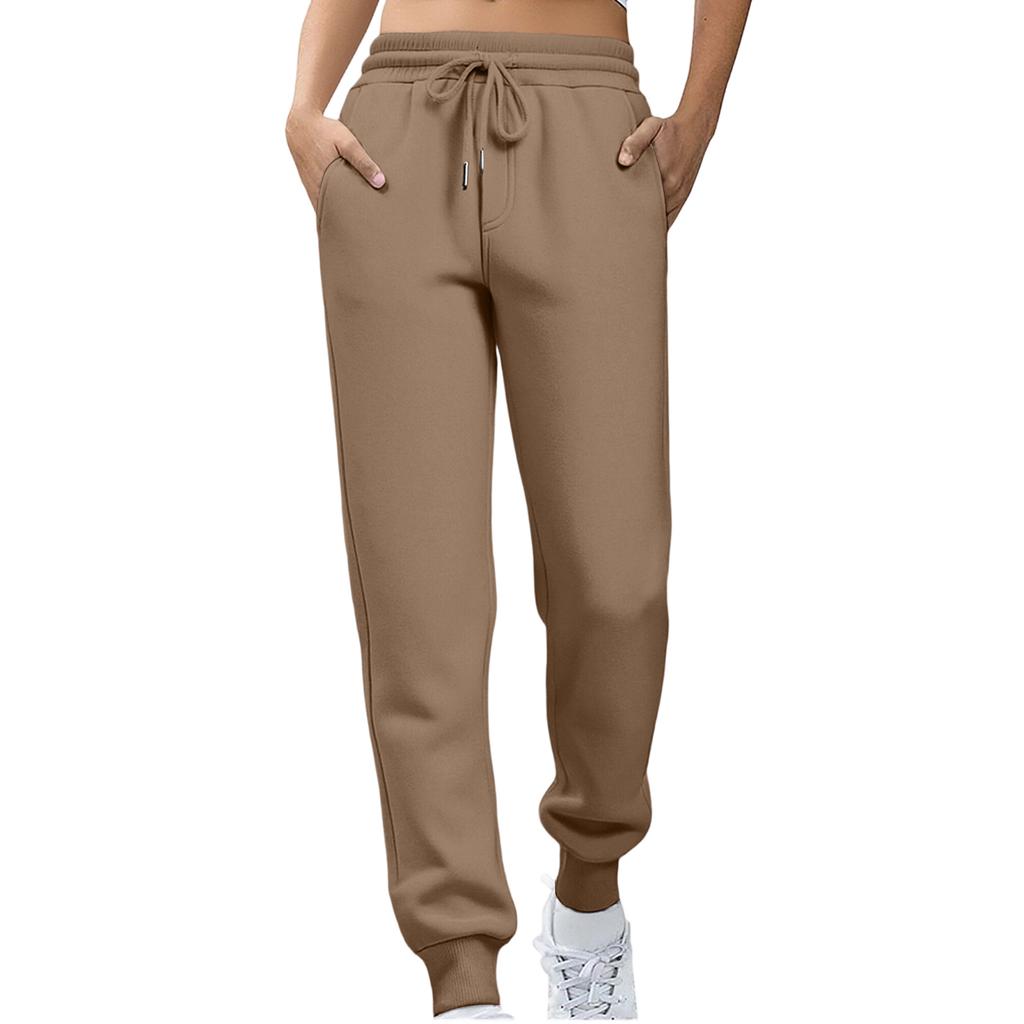 Ladies' Fashionable Solid Color Straight Leg Pants With High Waist Drawstring Pockets And Elastic Waist Casual Pants