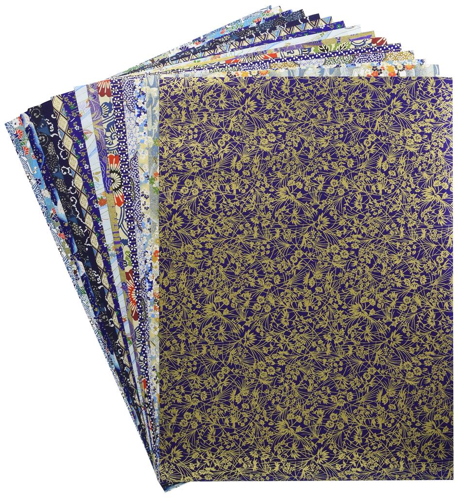 Kawasumi Washi Chiyogami Yuzen Washi x 15 Patterns Sheet per Blue B Set Paper, Large, 38.5 53cm, (1 Pack),