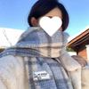Women's High-End Blue Plaid Scarf: Thick, Warm Korean-Style Neck Warmer for Autumn and Winter