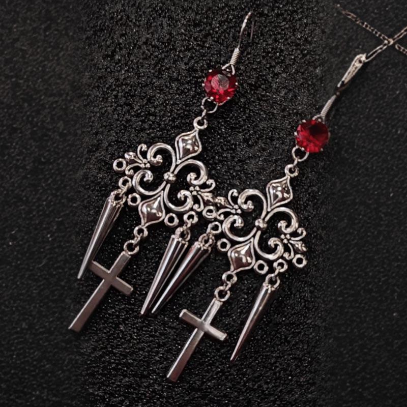 Foreign Trade Gothic Silver Cross Filigree Earrings