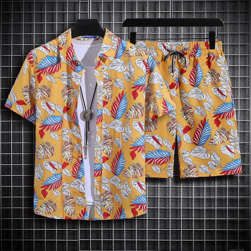 Herren Retro Blumen Kurzarm Hemd Set - Hainan Strandmode, Sanya & Hawaii Stil