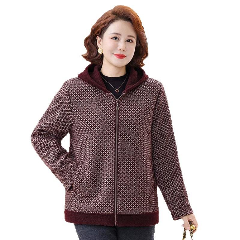 Winter Plush Thickened Woolen Jacket Medium Old Mother Outfit Versatile Loose Zipper Hooded Cardigan Top To Keep Warm