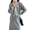 Lace lace-up crew neck sweater two-piece set autumn and winter new knitted cardigan jacket + skirt set women