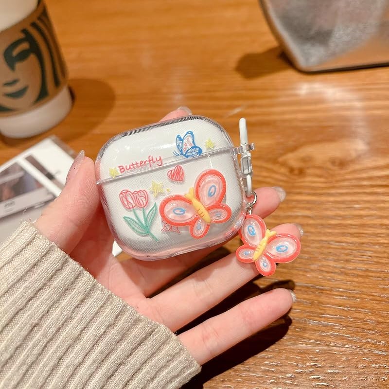 

TanMay Applicable Airpods 4 case clear silicone, cute floral pattern Stylish 3D pink butterfly design ladies for women Popularity air pods 4th