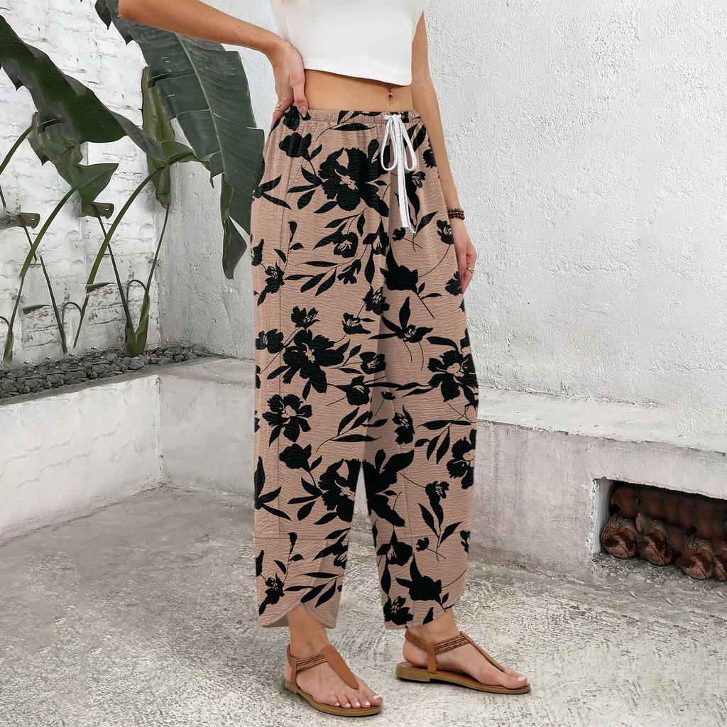 Women's Casual Straight Wide Leg Button Print Pattern Pants for Everyday Wear