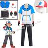 Dospělí Děti Ash Ketchum Anime Trenér Cosplay Kostým pro muže a ženy, modrá bunda, čepice a rukavice, Halloweenský cosplay
