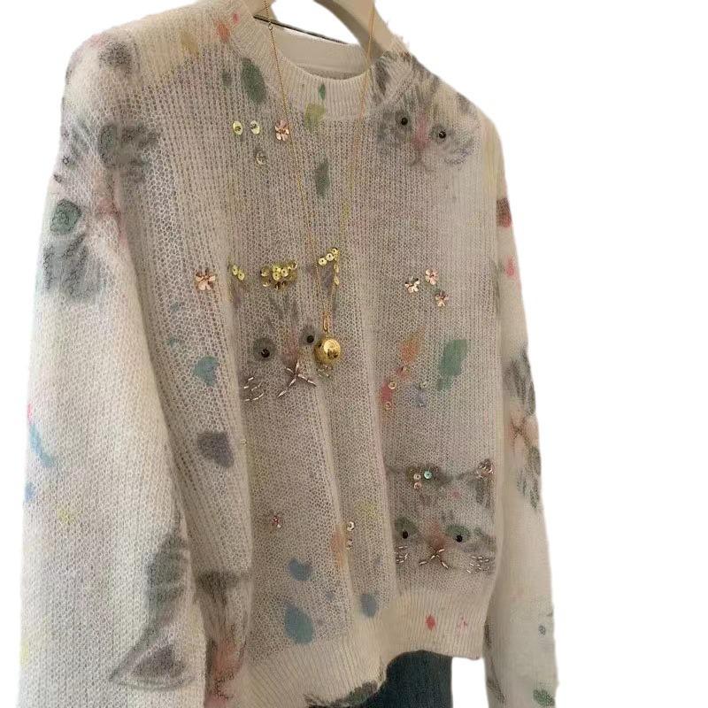 Chic Cat Print Studded Pullover Knitwear - Age-Reducing Lazy Style Women's Autumn Sweater 2024
