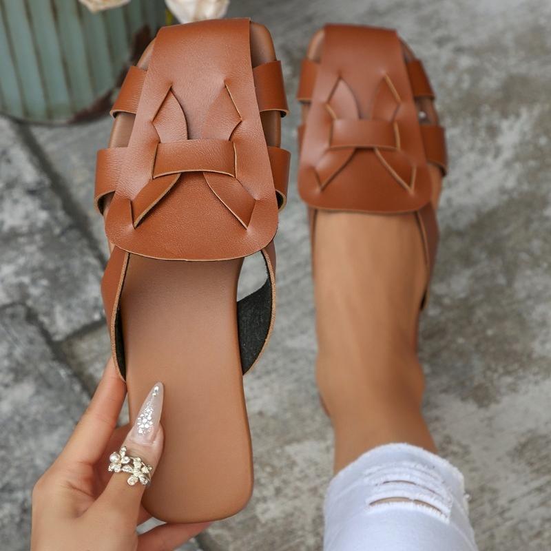 Rome Cool Mopping Summer New Square Toe Shallow Mouth Woven Strap Non-slip Flat Wrapped Slippers