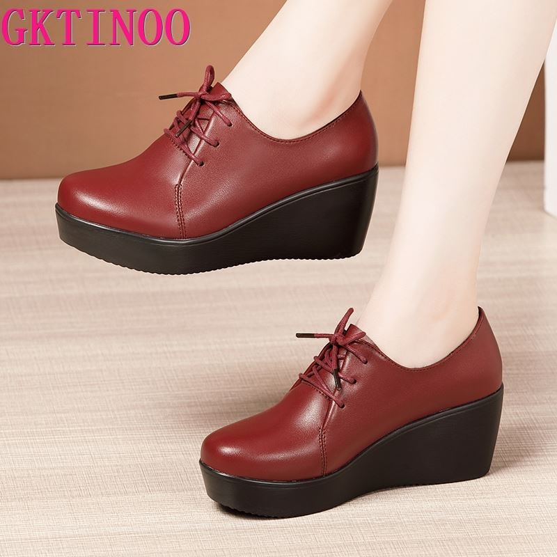 Fashion GKTINOO 2025 Wedges Women Shoe Spring Autumn Lace-Up High Heels Round Toe Leather Casual Ladies Platform Shoes Woman Size 33-43