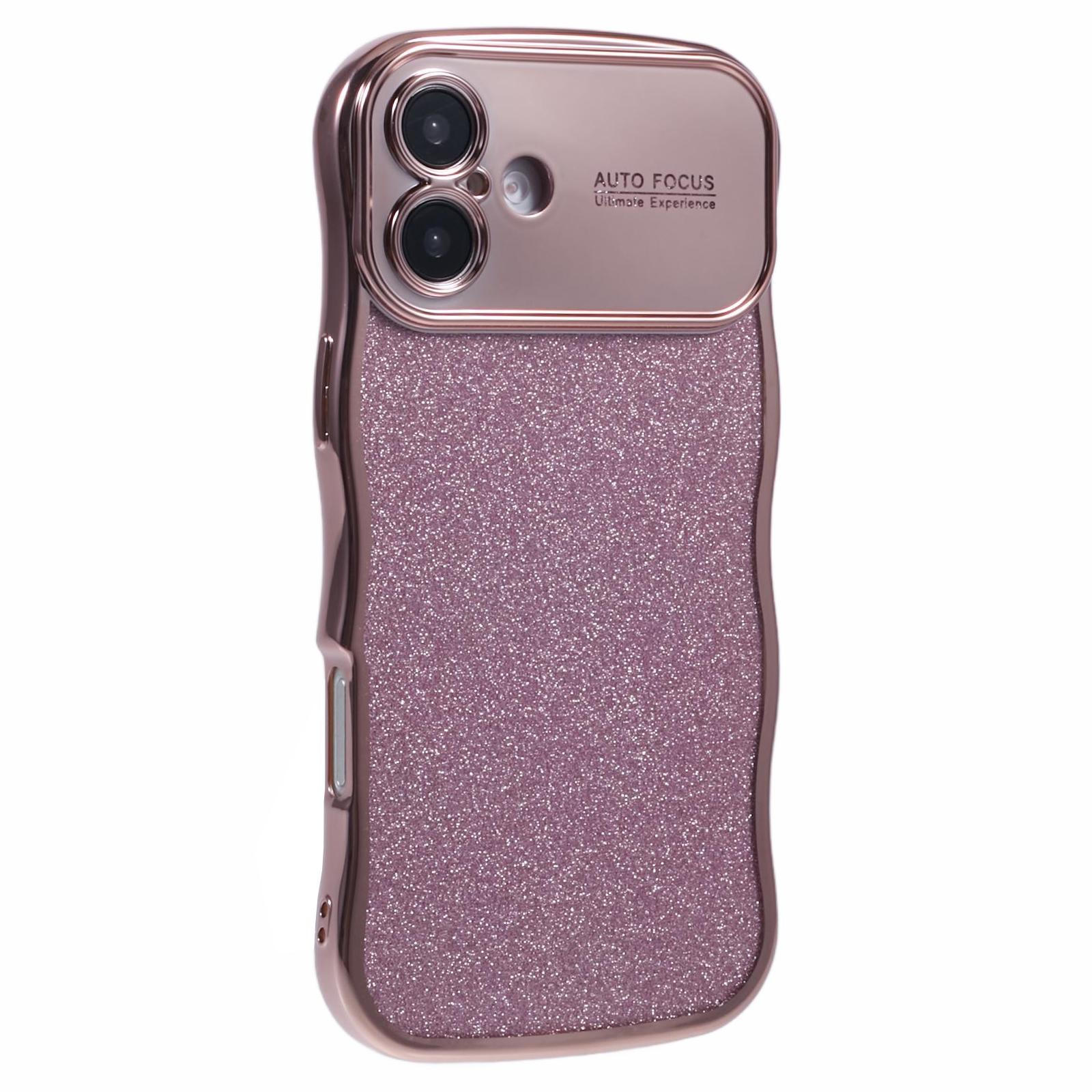 

For iPhone 16 Plus Case Electroplating Curly Frame TPU Glitter Phone Cover Large Window Rose Pink