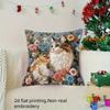 Floral Cat Print Throw Pillow Cover, Whimsical Garden Kitten With Colorful Flowers, Decorative Cushion For Living Room Couch
