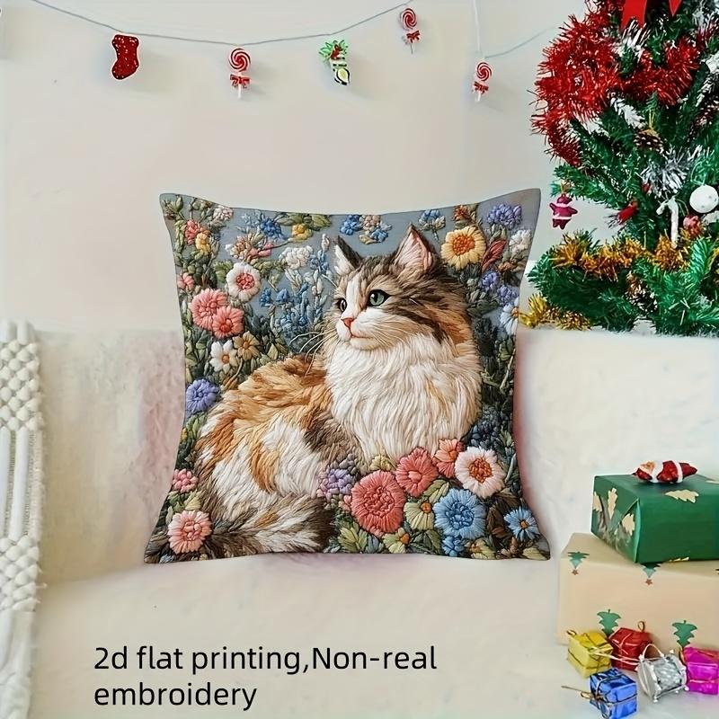 Floral Cat Print Throw Pillow Cover, Whimsical Garden Kitten With Colorful Flowers, Decorative Cushion For Living Room Couch