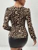 New Leopard Print Lace Trim Patchwork Ruffled Neck T-Shirt Top for Women
