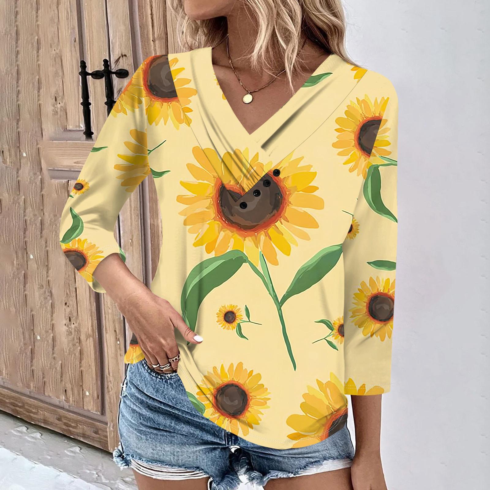 

Женские повседневные футболки с рукавом 3/4 для выходных с V-образным вырезом и принтом, свободные плиссированные футболки, женская блузка XL жёлтый
