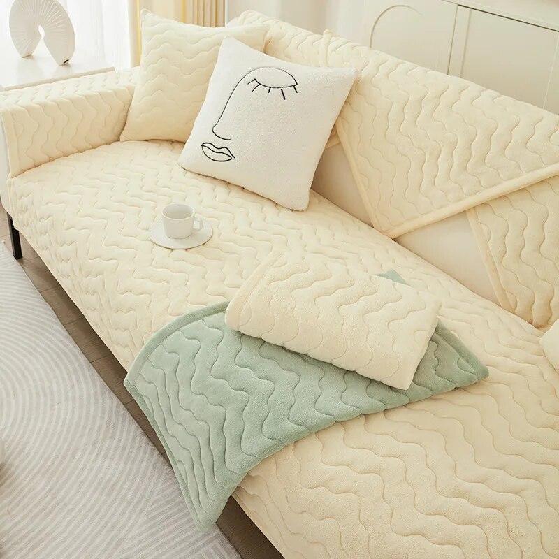 Wellenförmige Linien Sofabezug für Wohnzimmer Rutschfest Universal Plüsch Sofakissen Handtuch Rutschfeste Sofabezug Matte Heimdekor Überwürfe